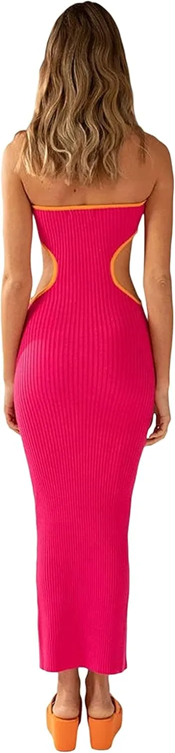 Thopavenoir Women's Knit Strapless Maxi Dress Side Cutout Backless Ribbed Long Dresses Bodycon Y2k Tube Top Beach Dresses