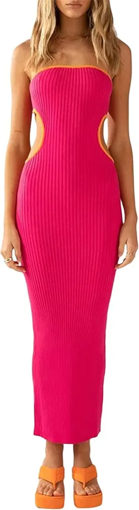 Thopavenoir Women's Knit Strapless Maxi Dress Side Cutout Backless Ribbed Long Dresses Bodycon Y2k Tube Top Beach Dresses