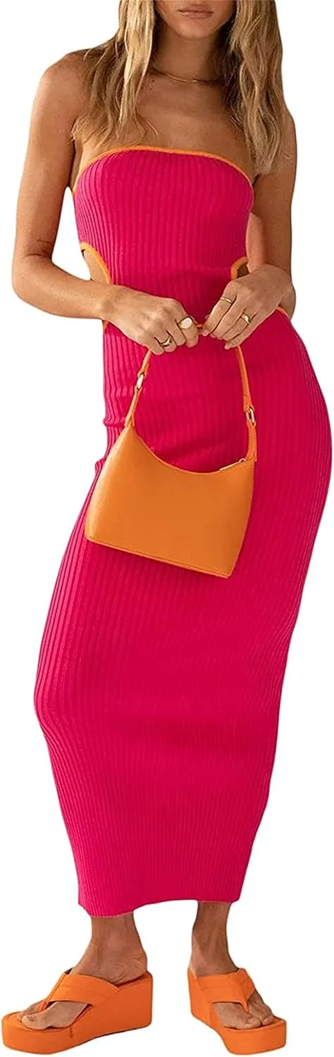 Thopavenoir Women's Knit Strapless Maxi Dress Side Cutout Backless Ribbed Long Dresses Bodycon Y2k Tube Top Beach Dresses