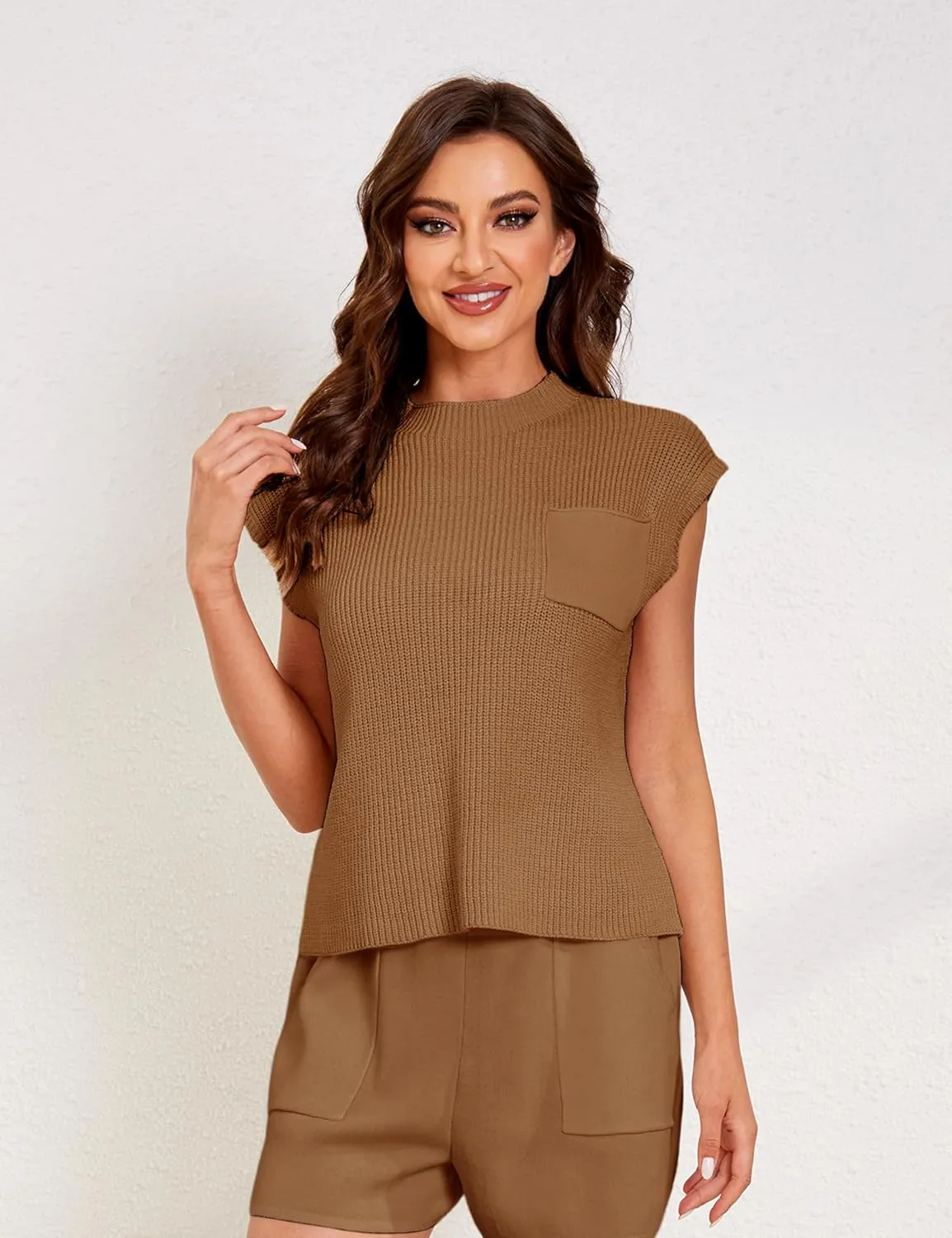 UANEO Sweater Vest Women Mock Neck Casual Cropped Knit Pullover Cap Sleeve Sweater for Women Top Spring