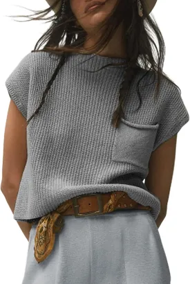 UANEO Sweater Vest Women Mock Neck Casual Cropped Knit Pullover Cap Sleeve Sweater for Women Top Spring