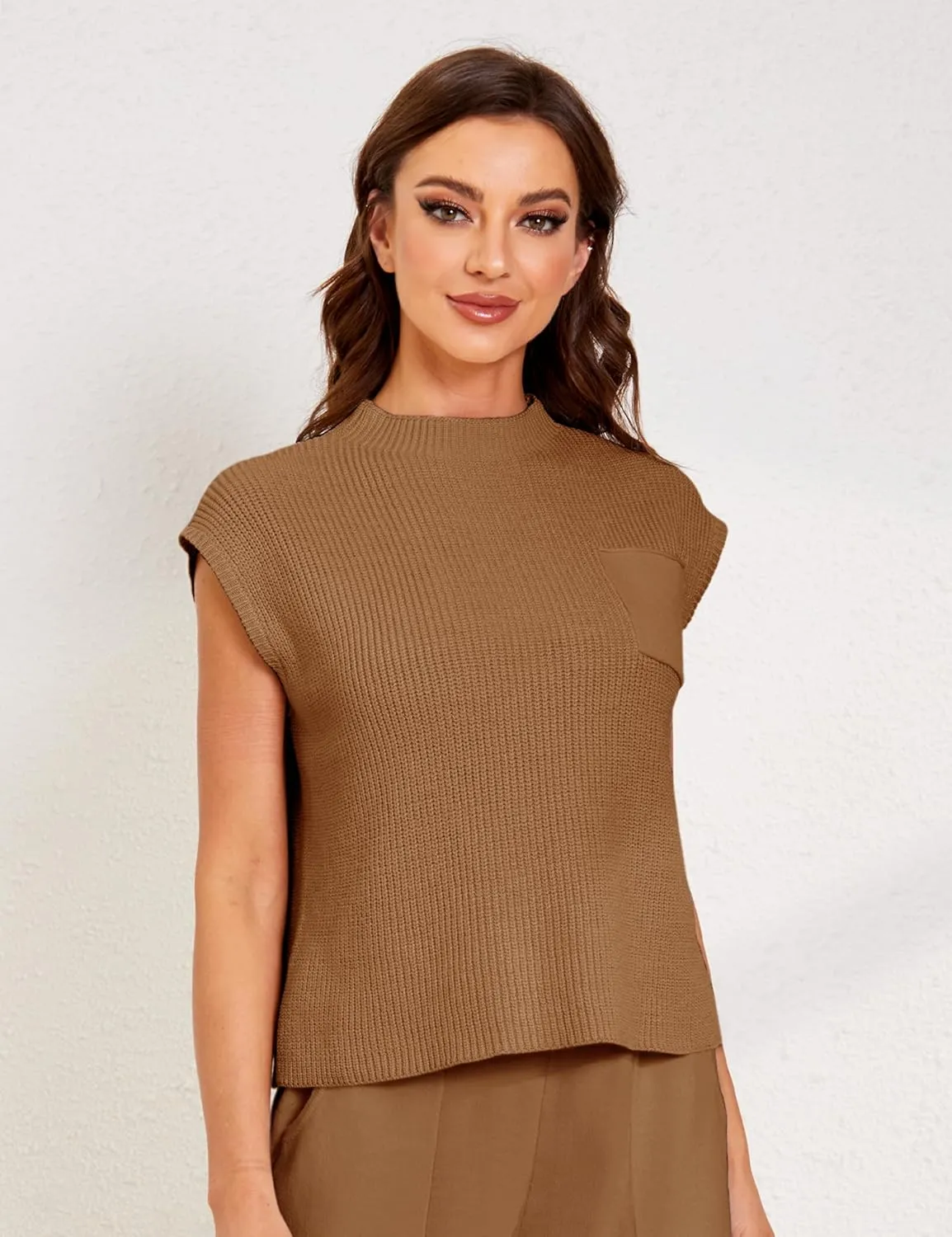 UANEO Sweater Vest Women Mock Neck Casual Cropped Knit Pullover Cap Sleeve Sweater for Women Top Spring