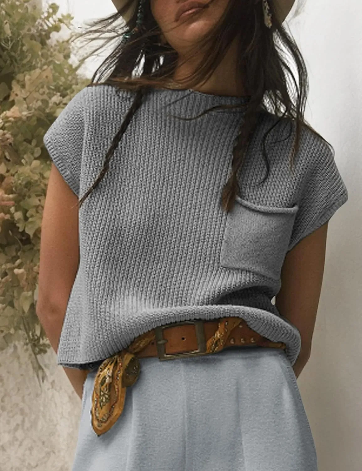 UANEO Sweater Vest Women Mock Neck Casual Cropped Knit Pullover Cap Sleeve Sweater for Women Top Spring