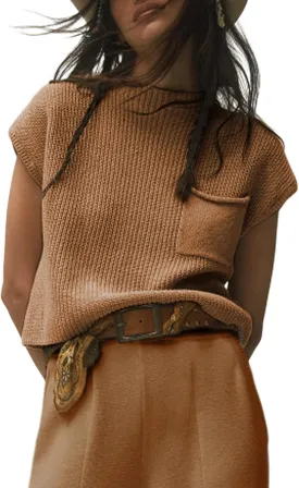 UANEO Sweater Vest Women Mock Neck Casual Cropped Knit Pullover Cap Sleeve Sweater for Women Top Spring