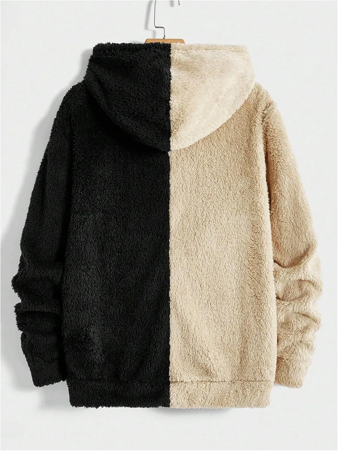 Verdusa Men's Color Block Letter Embroidery Fuzzy Hoodie Long Sleeve Fleece Sweatshirts