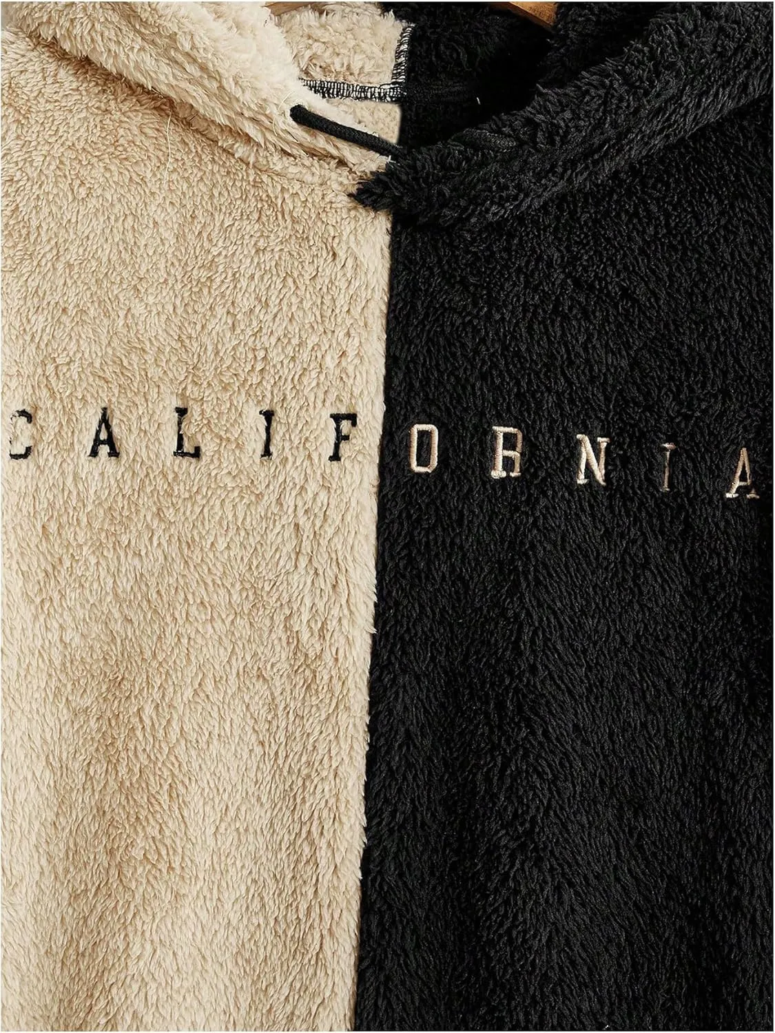 Verdusa Men's Color Block Letter Embroidery Fuzzy Hoodie Long Sleeve Fleece Sweatshirts
