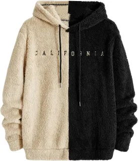 Verdusa Men's Color Block Letter Embroidery Fuzzy Hoodie Long Sleeve Fleece Sweatshirts