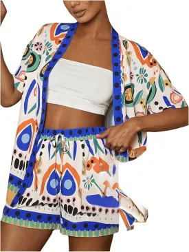 Verdusa Women's 2 Piece Tropical Print Outfits Kimono Shirt Top Drawstring Shorts Set
