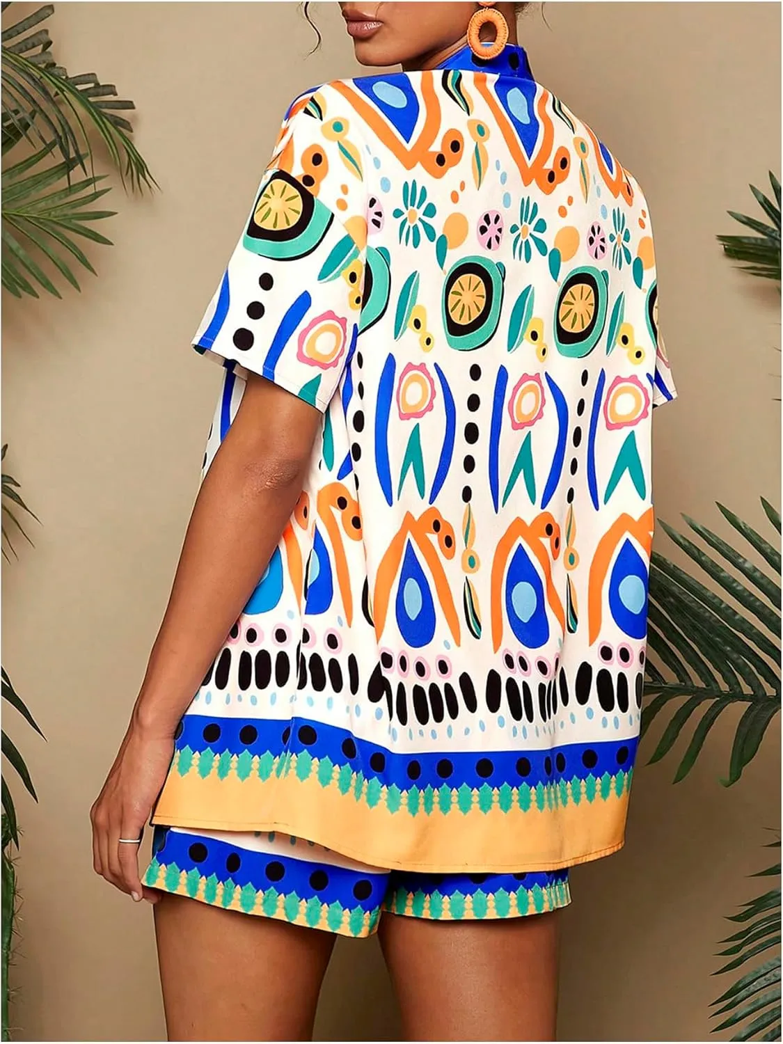 Verdusa Women's 2 Piece Tropical Print Outfits Kimono Shirt Top Drawstring Shorts Set