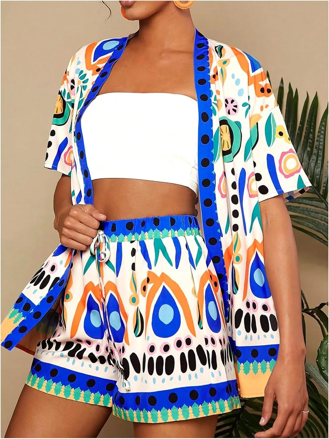 Verdusa Women's 2 Piece Tropical Print Outfits Kimono Shirt Top Drawstring Shorts Set