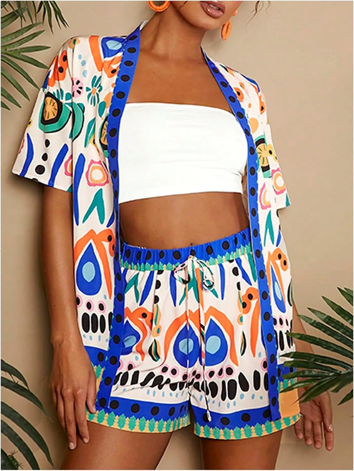 Verdusa Women's 2 Piece Tropical Print Outfits Kimono Shirt Top Drawstring Shorts Set