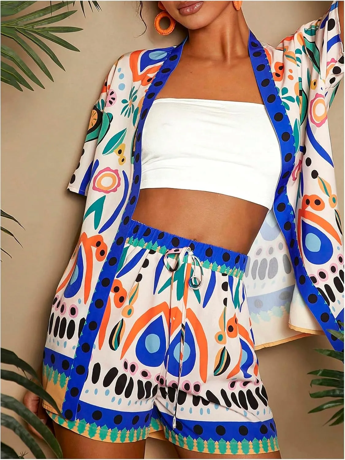 Verdusa Women's 2 Piece Tropical Print Outfits Kimono Shirt Top Drawstring Shorts Set