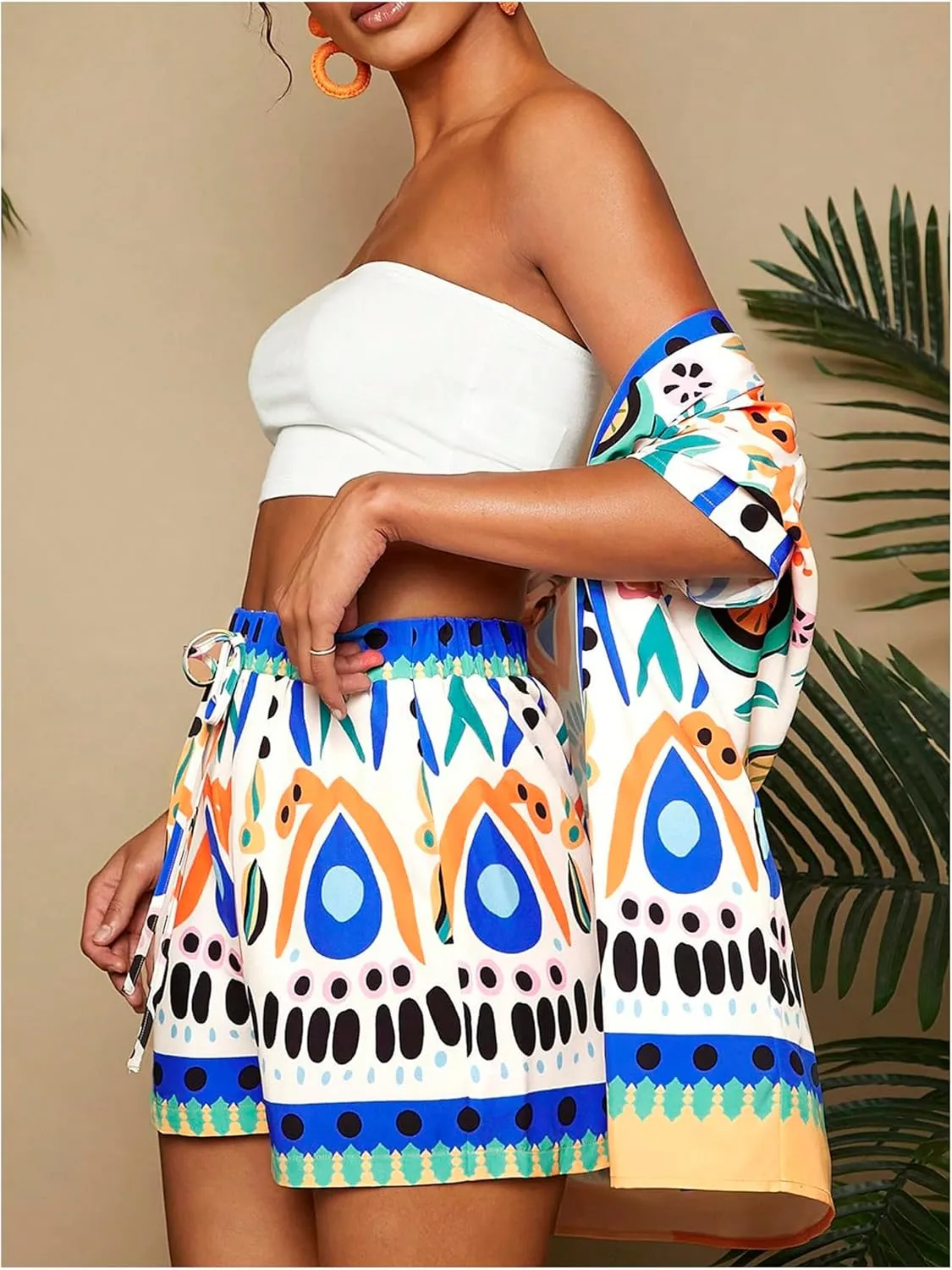 Verdusa Women's 2 Piece Tropical Print Outfits Kimono Shirt Top Drawstring Shorts Set