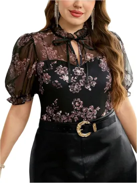 WDIRARA Women's Plus Size Mesh Patchwork Pearls Blouse Tie Neck Puff Short Sleeve Top