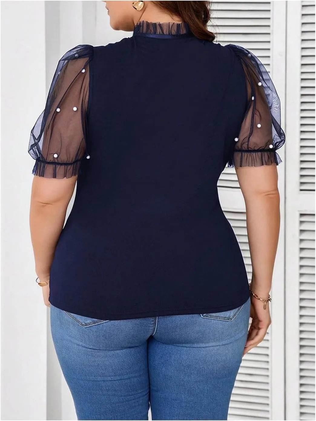 WDIRARA Women's Plus Size Mesh Patchwork Pearls Blouse Tie Neck Puff Short Sleeve Top