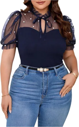 WDIRARA Women's Plus Size Mesh Patchwork Pearls Blouse Tie Neck Puff Short Sleeve Top
