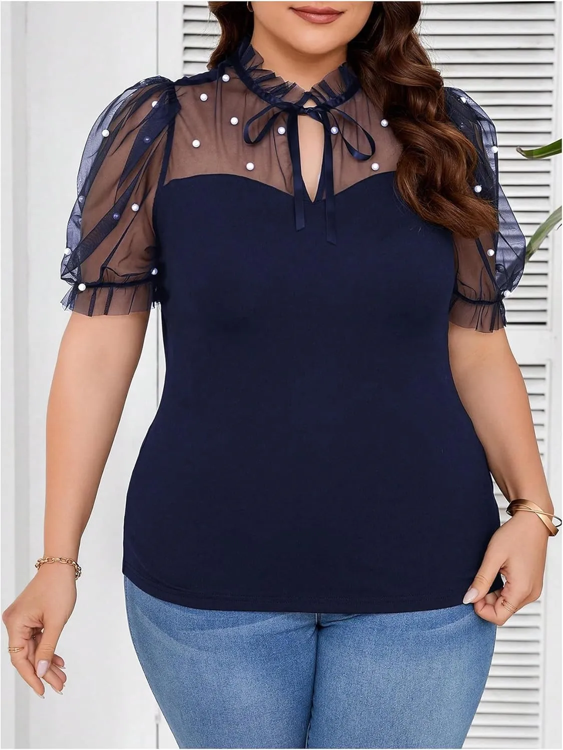 WDIRARA Women's Plus Size Mesh Patchwork Pearls Blouse Tie Neck Puff Short Sleeve Top