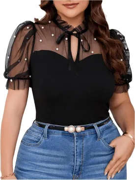 WDIRARA Women's Plus Size Mesh Patchwork Pearls Blouse Tie Neck Puff Short Sleeve Top