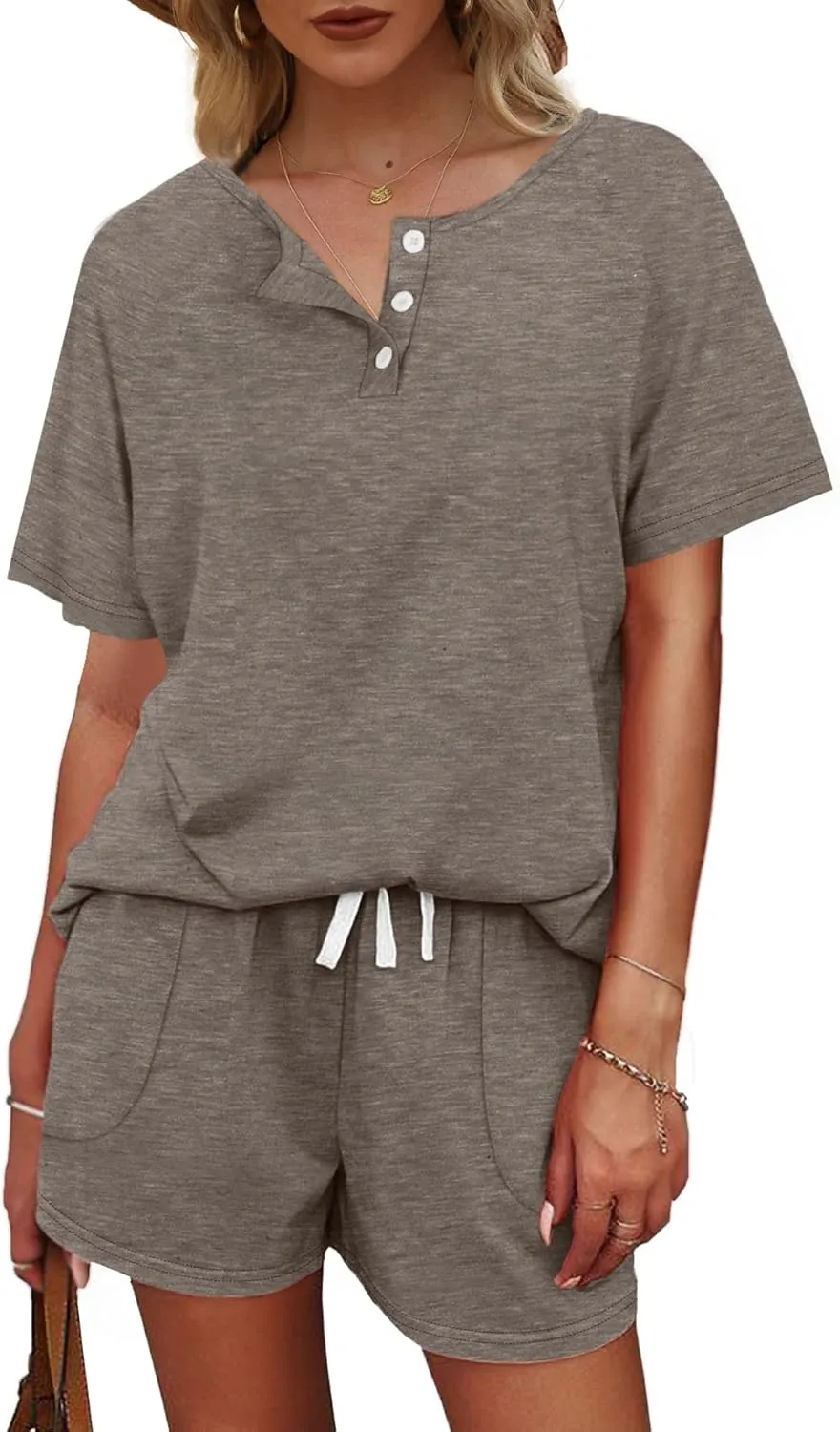 WIHOLL Two Piece Outfits for Women Lounge Sets Button Down Top and Shorts Set Sweatsuits with Pockets