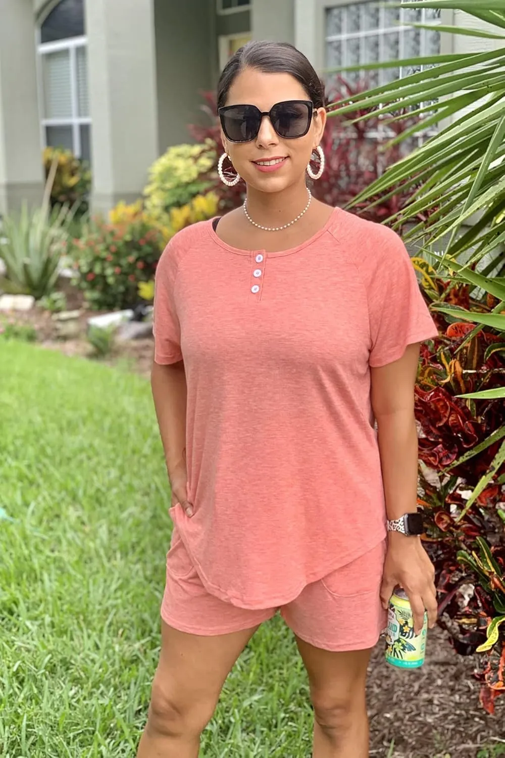 WIHOLL Two Piece Outfits for Women Lounge Sets Button Down Top and Shorts Set Sweatsuits with Pockets
