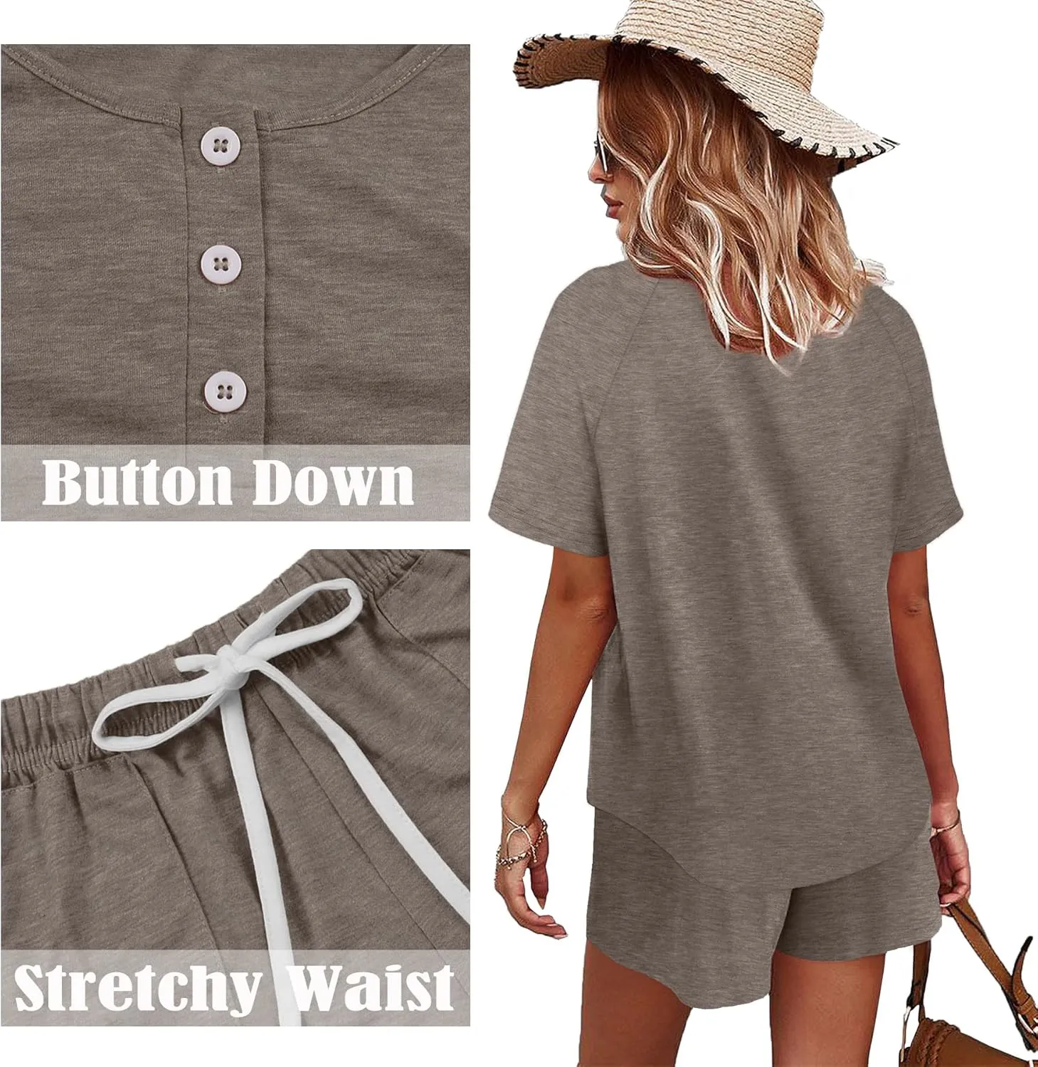 WIHOLL Two Piece Outfits for Women Lounge Sets Button Down Top and Shorts Set Sweatsuits with Pockets