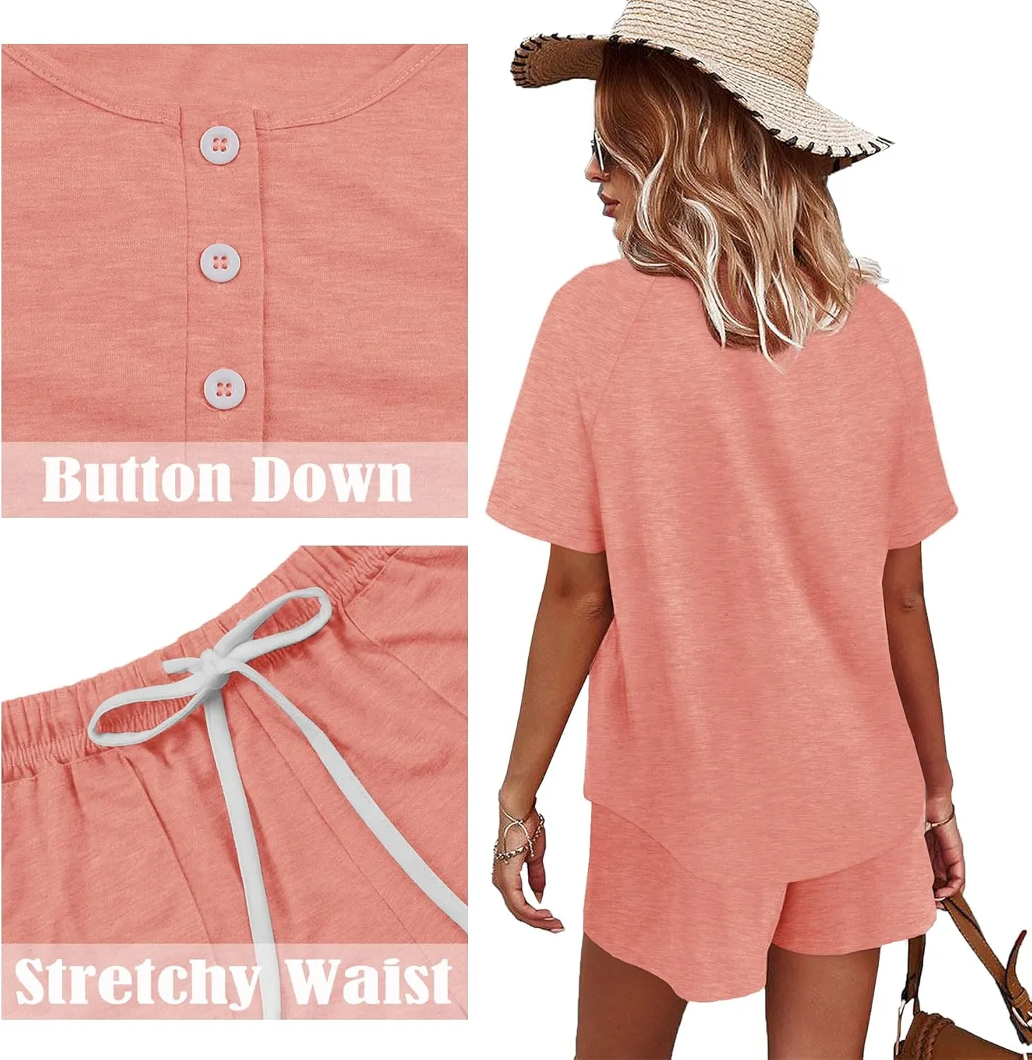 WIHOLL Two Piece Outfits for Women Lounge Sets Button Down Top and Shorts Set Sweatsuits with Pockets