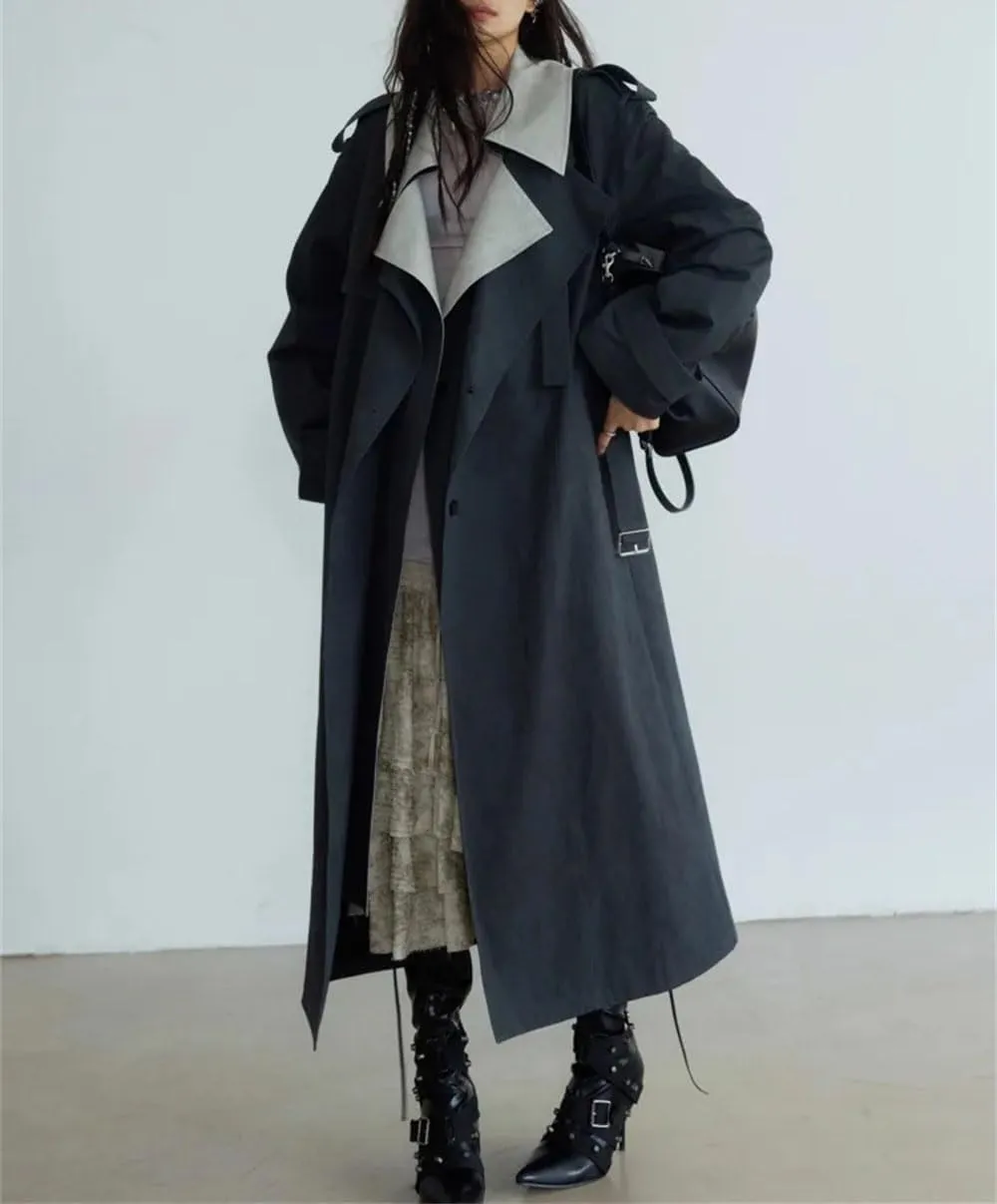 Women Contrast Color Trench Coat Single Breasted Patchwork Lapel Trenchcoatss Casual Street Long Jacket