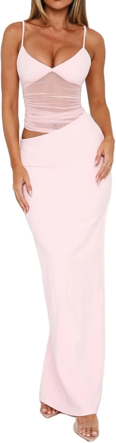 Women Elegant Maxi Tank Dress Sexy Cut Out Lace Patchwork Open Back Cocktail Party Bodycon Long Dress