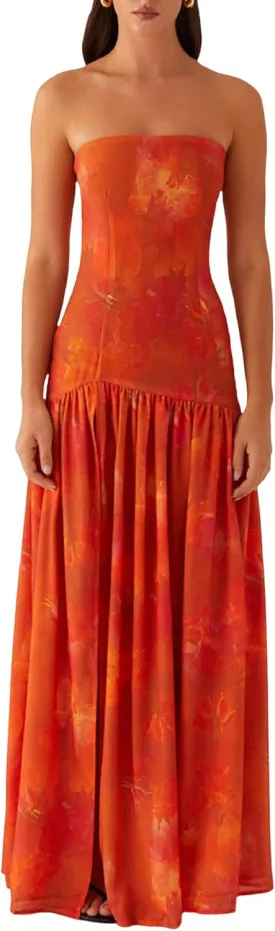 Women Floral Tube Top Maxi Dress Y2k Strapless Mesh Patchwork Long Dress High Slit Flowy Cocktail Sundress