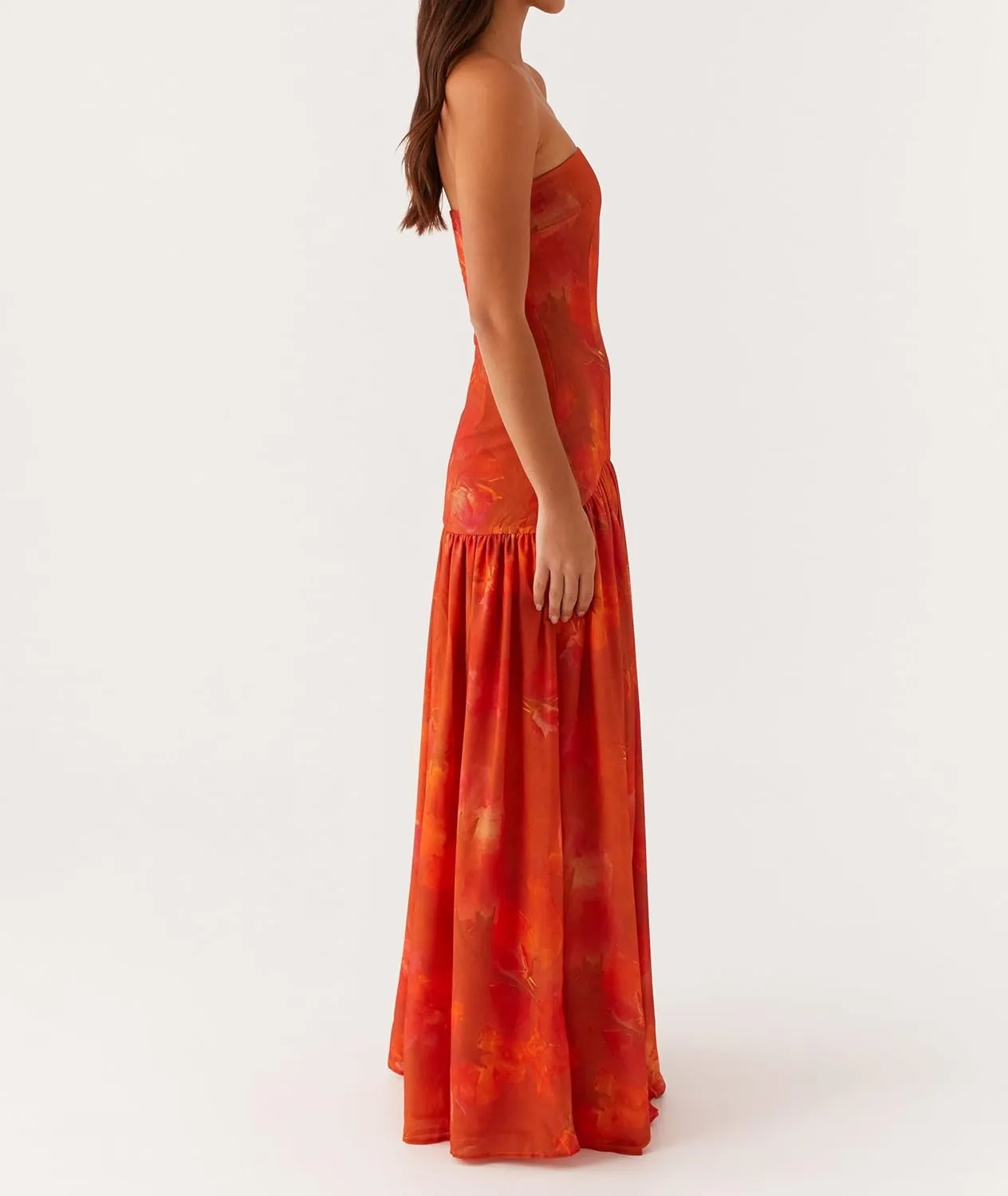 Women Floral Tube Top Maxi Dress Y2k Strapless Mesh Patchwork Long Dress High Slit Flowy Cocktail Sundress