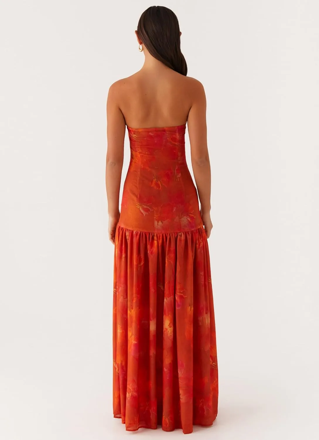 Women Floral Tube Top Maxi Dress Y2k Strapless Mesh Patchwork Long Dress High Slit Flowy Cocktail Sundress