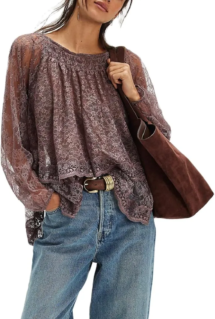 Women Sheer Lace Off the Shoulder Top Lantern Long Sleeve Bow Tie Back Shirts Tiered Layered Flowy Blouse Cover Up