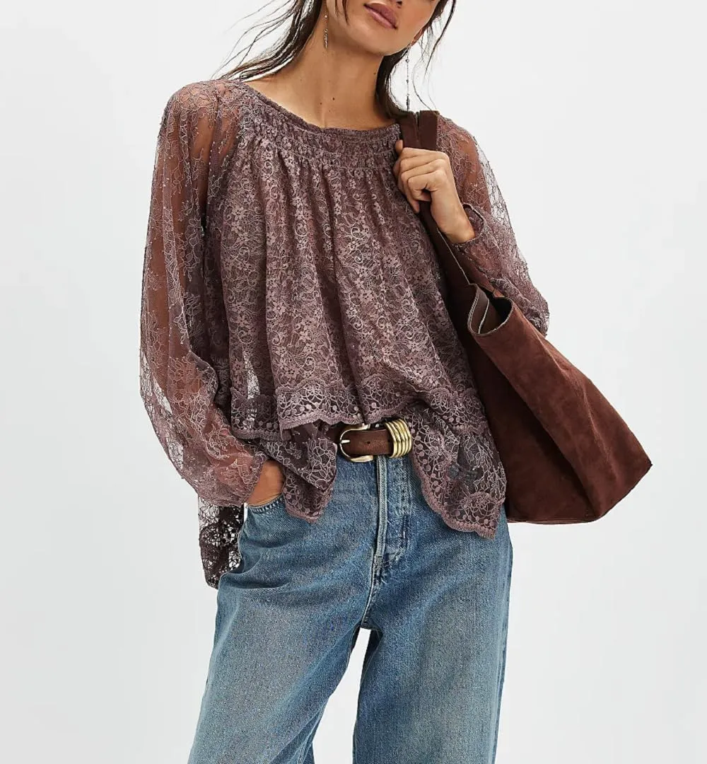 Women Sheer Lace Off the Shoulder Top Lantern Long Sleeve Bow Tie Back Shirts Tiered Layered Flowy Blouse Cover Up