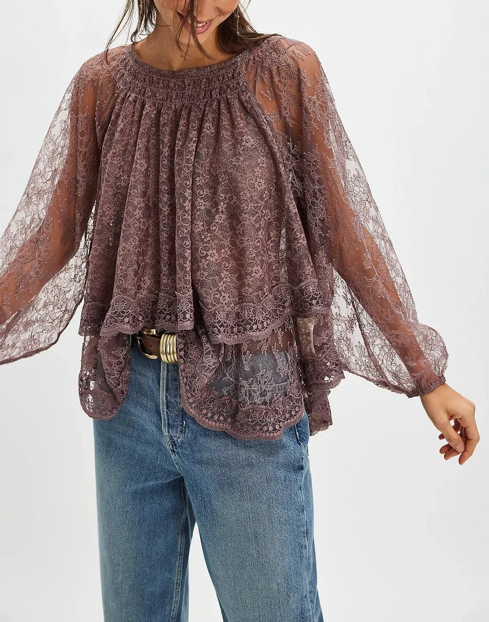 Women Sheer Lace Off the Shoulder Top Lantern Long Sleeve Bow Tie Back Shirts Tiered Layered Flowy Blouse Cover Up