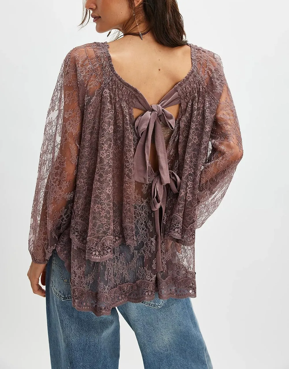 Women Sheer Lace Off the Shoulder Top Lantern Long Sleeve Bow Tie Back Shirts Tiered Layered Flowy Blouse Cover Up