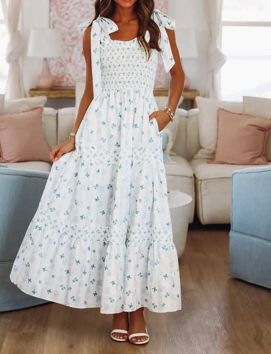 Women Spaghetti Strap Patchwork Maxi Dress Floral Smocked Lace Trim Long Dress Summer Boho Flowy Ruffle Sundress