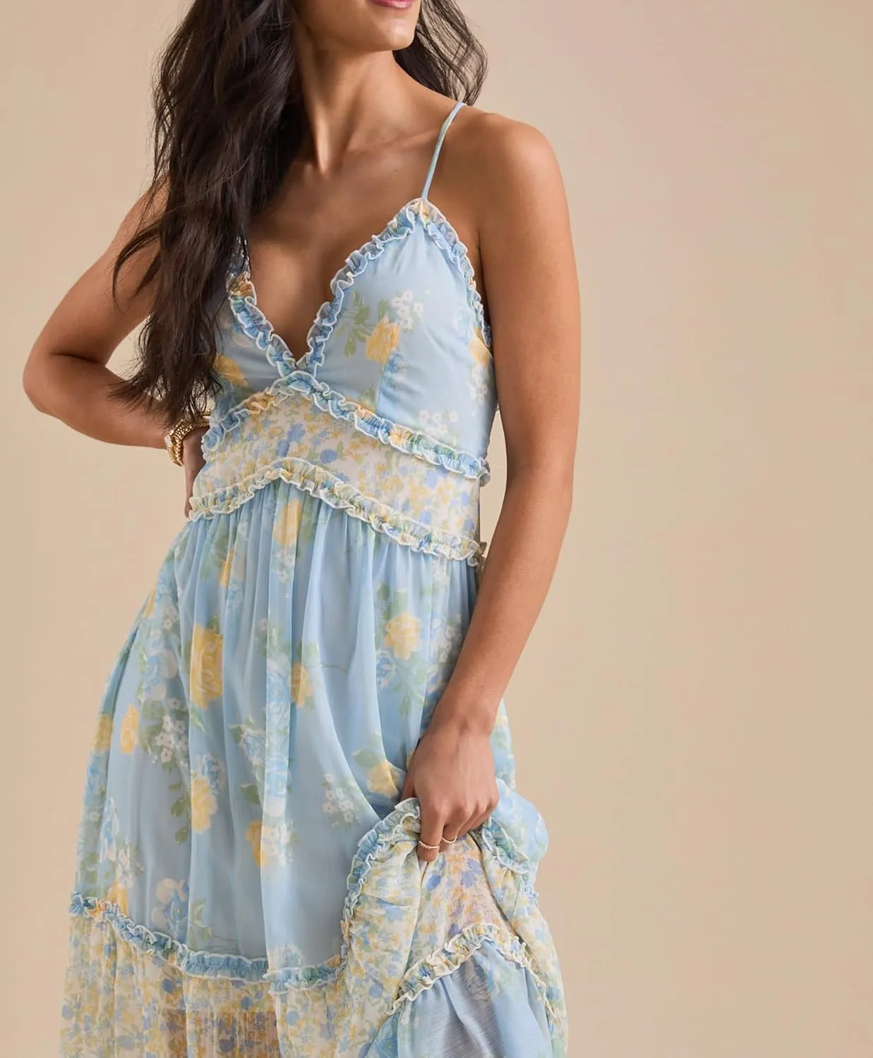 Women Spaghetti Strap Patchwork Maxi Dress Floral Smocked Lace Trim Long Dress Summer Boho Flowy Ruffle Sundress
