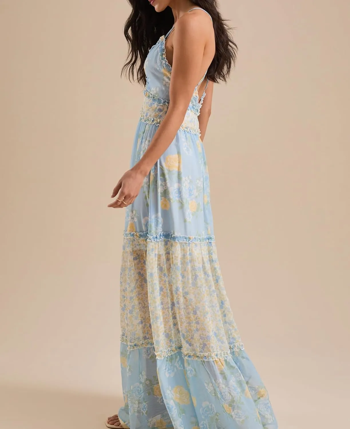 Women Spaghetti Strap Patchwork Maxi Dress Floral Smocked Lace Trim Long Dress Summer Boho Flowy Ruffle Sundress