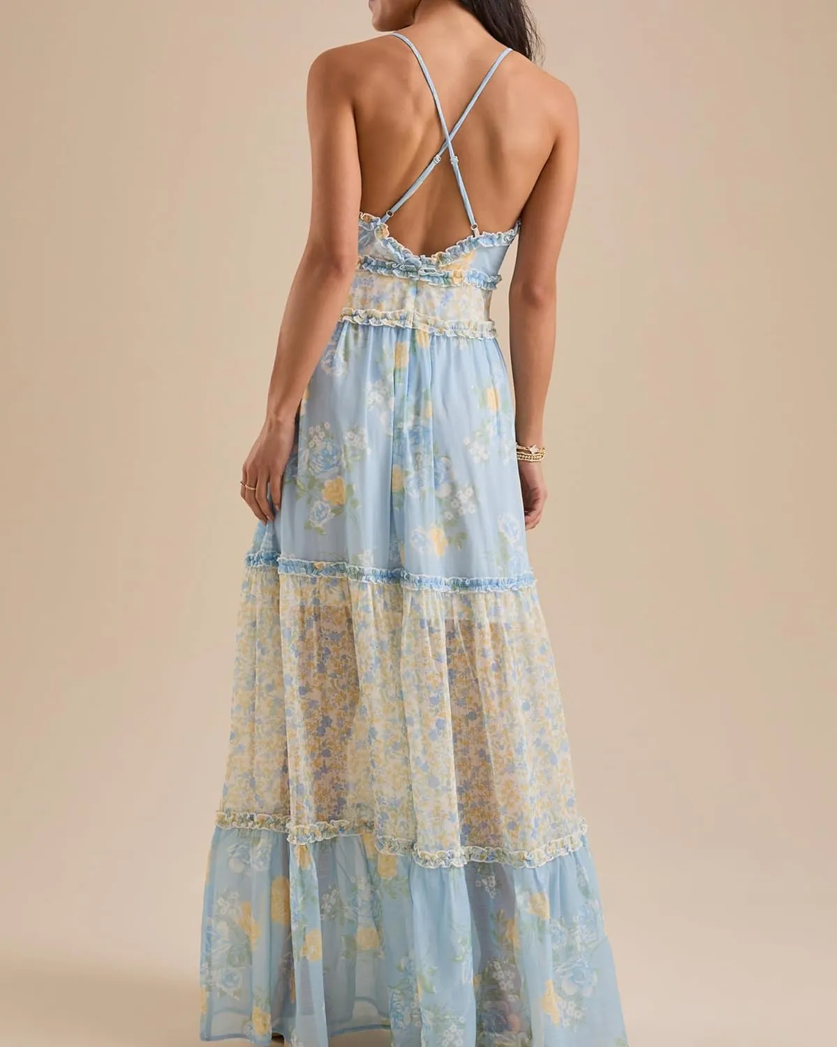 Women Spaghetti Strap Patchwork Maxi Dress Floral Smocked Lace Trim Long Dress Summer Boho Flowy Ruffle Sundress