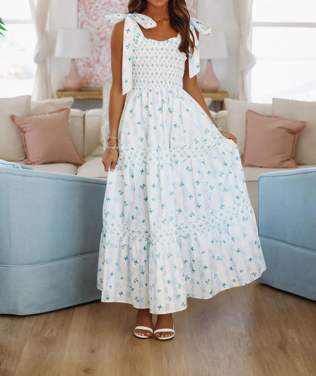 Women Spaghetti Strap Patchwork Maxi Dress Floral Smocked Lace Trim Long Dress Summer Boho Flowy Ruffle Sundress