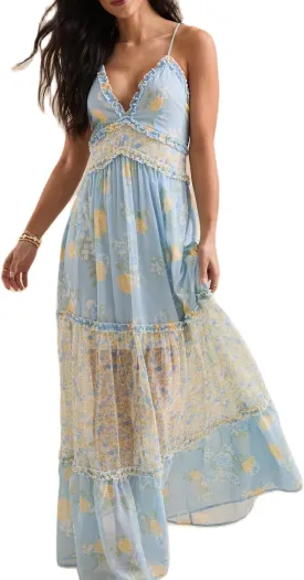 Women Spaghetti Strap Patchwork Maxi Dress Floral Smocked Lace Trim Long Dress Summer Boho Flowy Ruffle Sundress