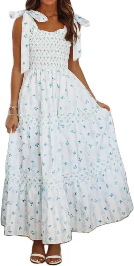 Women Spaghetti Strap Patchwork Maxi Dress Floral Smocked Lace Trim Long Dress Summer Boho Flowy Ruffle Sundress