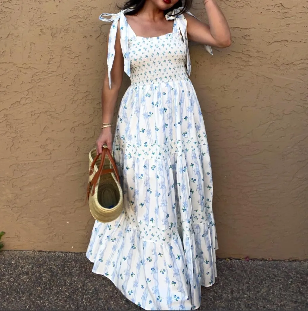 Women Spaghetti Strap Patchwork Maxi Dress Floral Smocked Lace Trim Long Dress Summer Boho Flowy Ruffle Sundress