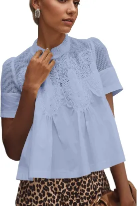 Women Swing Lace Blouse Summer Mock Neck Puff Short Sleeve Mesh Tops See Through A-Line Pleated Shirts Babydoll Top