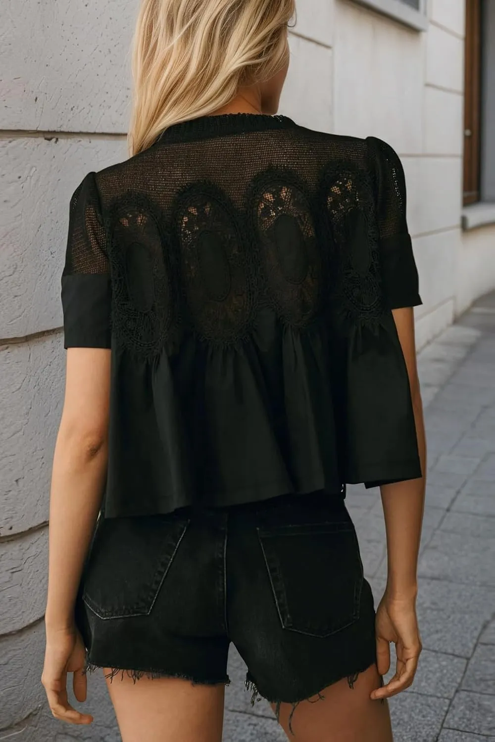 Women Swing Lace Blouse Summer Mock Neck Puff Short Sleeve Mesh Tops See Through A-Line Pleated Shirts Babydoll Top