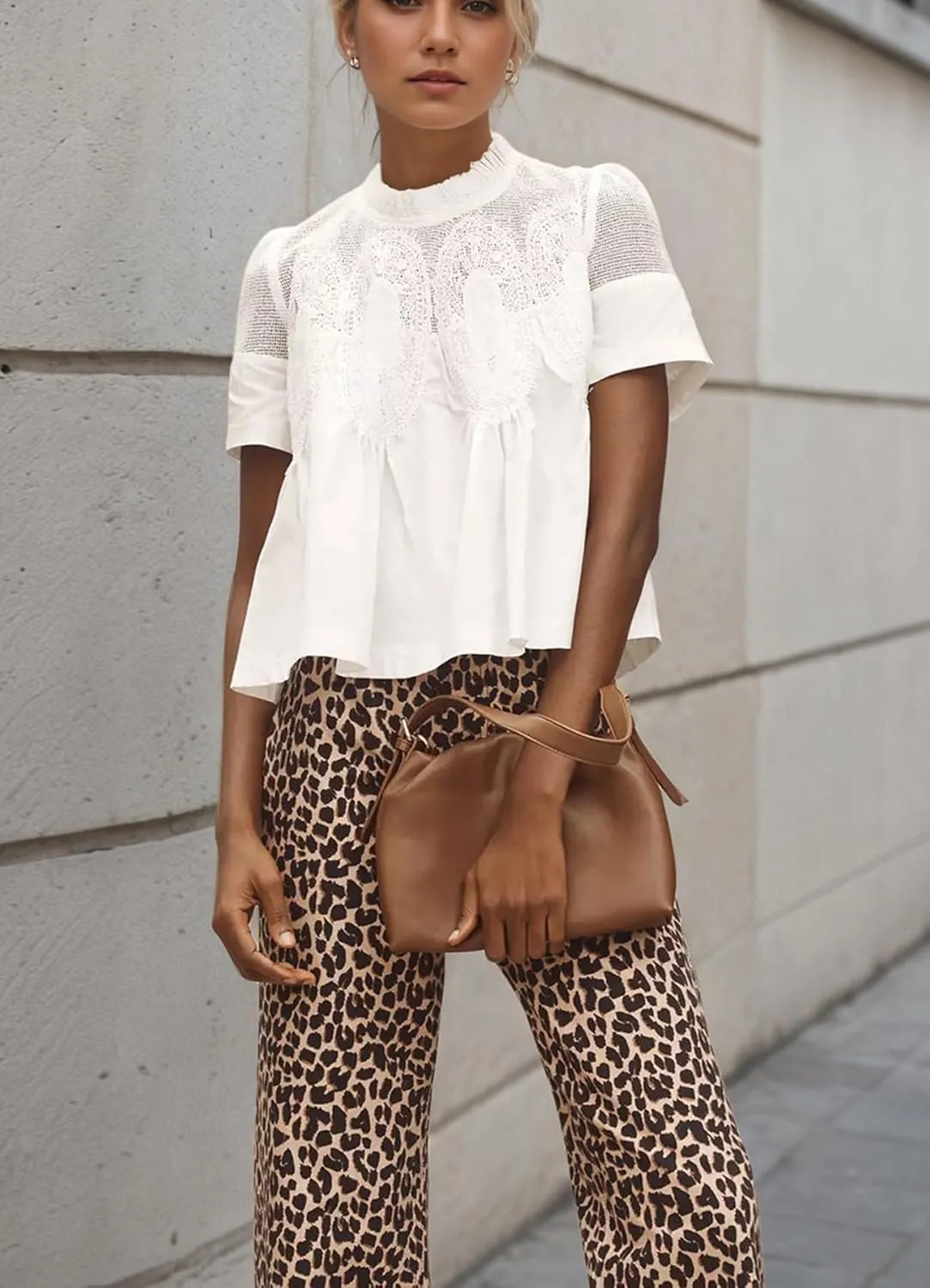 Women Swing Lace Blouse Summer Mock Neck Puff Short Sleeve Mesh Tops See Through A-Line Pleated Shirts Babydoll Top