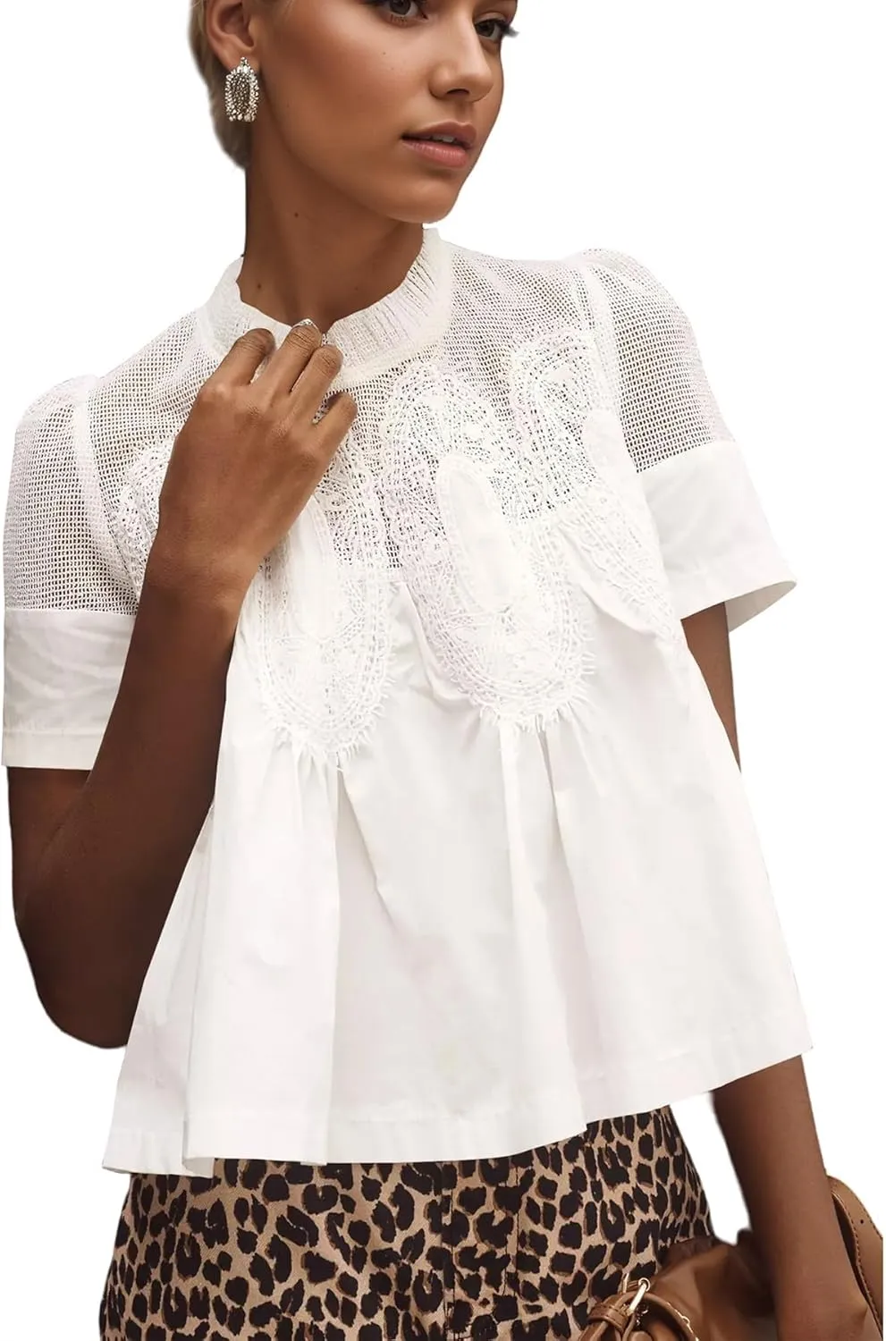 Women Swing Lace Blouse Summer Mock Neck Puff Short Sleeve Mesh Tops See Through A-Line Pleated Shirts Babydoll Top
