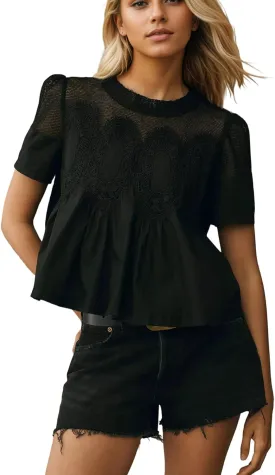 Women Swing Lace Blouse Summer Mock Neck Puff Short Sleeve Mesh Tops See Through A-Line Pleated Shirts Babydoll Top