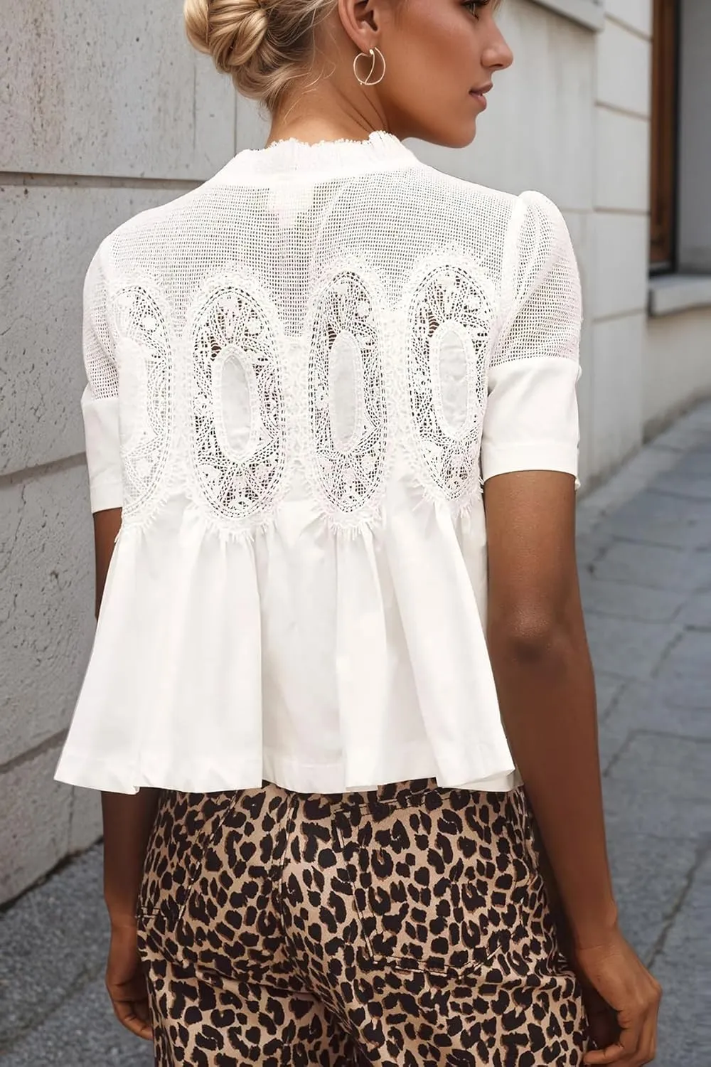 Women Swing Lace Blouse Summer Mock Neck Puff Short Sleeve Mesh Tops See Through A-Line Pleated Shirts Babydoll Top
