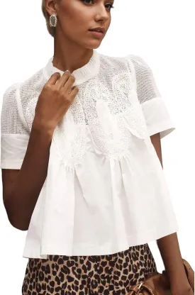 Women Swing Lace Blouse Summer Mock Neck Puff Short Sleeve Mesh Tops See Through A-Line Pleated Shirts Babydoll Top